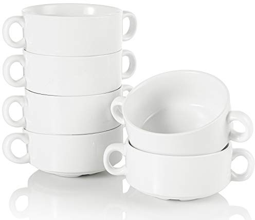 Foraineam Porcelain Bowls with Double Handles 10 Ounce White French Onion Soup Crocks Round Stackable Bowls for Soup, Cereal, Oatmeal, Set of 6
