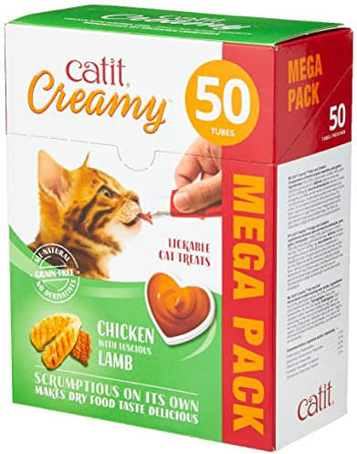Catit Creamy flüssigkeitsspendende Leckpaste für Katzen mit Huhn und Lamm, 50 x 10g