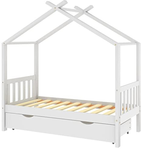 vidaXL Kinderbett mit Schublade, Kinder Bettrahmen für Kinderzimmer, Kinder Bettgestell mit viel Stauraum, Spielzeug Kinderhaus, Weiß 80x160 cm Massivholz Kiefer