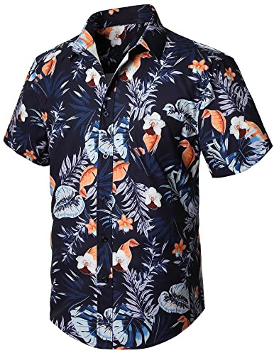 Enlision Camisa Flores Hombre Hawaiana Funky Manga Corta Camisas Hawaianas con Bolsillo Delantero Aloha Shirt Estampada para Verano de Hawaii, Azul Marino,