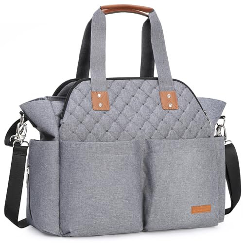 Lekebaby Baby Wickeltasche mit Wickelunterlage, 19 Taschen, Diaper Bag Bote Groß Reisewindeltasche für Mama und Papa, Multifunktions Babytasche für Reise, Grau Gesteppt