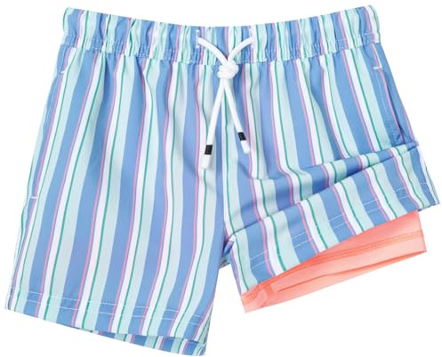SURF CUZ Boys Swim Trunks with Boxer Brief Liner 2 in 1 Toddler Stretch Swimsuit Shorts Quick Dry Swimming Bathing Suit Blue Orange Stripes 10/12