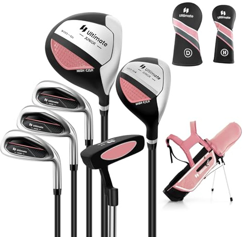 COSTWAY 6-delat set med golfklubbor för barn, högerhänta golfklubbor med golfväska och regnhuva, komplett golfset inkl. 7/9/S järn, 1 driver, 4 hybrid och putter för 11–13 år barn (rosa)