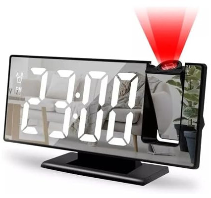 JESWO Sveglia con Proiettore Soffitto, Orologio Proiezione Soffitto con rotazione di 180°, regolazione della luminosità del LED, orologio + data + temperatura + modalità allarme