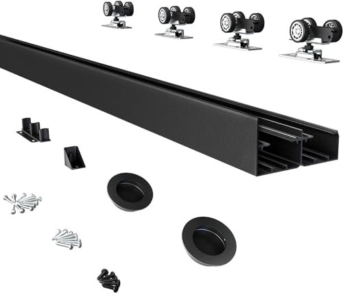 JUBEST 152cm Heavy Duty Bypass Door Hardware with Finger Pulls,Sturdy Aluminum Sliding Closet Door Track for 2 door System,Quietly and Smoothly,Fit Door Thickness 3.5cm to 4.4cm,Easy to Install, Black