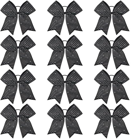 CEELGON 12 PCS Black Glitter Cheer Bows Large 8” Full Rhinestones Shiny Cheer Bow Elastic Hair Tie Bows for Teens Girls Softball Competition Sports Cheerleaders (Black)