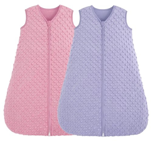 FIEMOL Saco de Dormir Bebe 0-6 Meses, 1.5 TOG Invierno Saco para Dormir bebe Recién Nacido con Puntos de Felpa, Algodón Suave para Bebé Rosa y Morado Paquete de 2