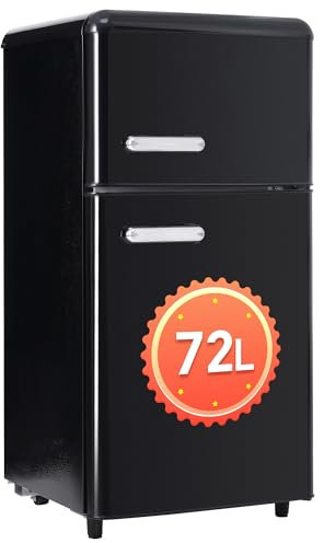 DRIXNO Retro-Kühlschrank mit Gefrierfach Klein, Doppeltür-Kühlschrank Mini, 72 Liter Gesamtvolumen, mit 21 Liter Gefriervolumen, 120 kWh/Jahr, LED-Licht.