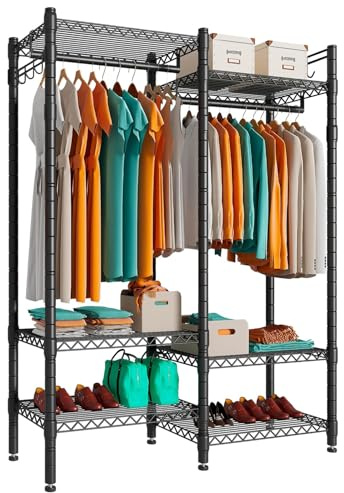 Wooruy Heavy Duty Clothes Rail with Adjustable Shelves,Freestanding Metal Garment Rack,Industrial Pipe Style Clothing Rail,Black Carbon Steel Wardrobe Organiser for Clothes,Shoes & Bags