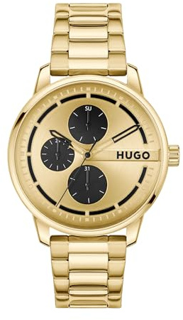 HUGO Multi Zifferblatt Quarz Uhr für Herren Kollektion #Stamp Multi mit Goldfarben Edelstahlarmband - 1530385