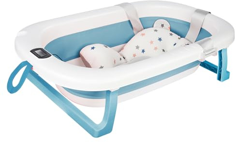 Vikbart babybadkar med digital termometer, babybadkar med badmatta bärbart resebadkar för spädbarn och barn från 0 till 24 månader Newborn Essentials-80 x 50 x 23 cm - blå