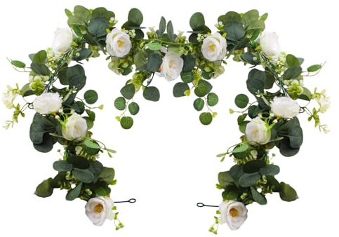 XIAQICA 2 Stück Eukalyptus Girlande Künstliche Blumengirlande 180cm Hängend Rosen Girlande Blumenwand für Hochzeit Party Wand Esstisch Garten Weihnachtsdekor Frühlingsdeko (Weiß)