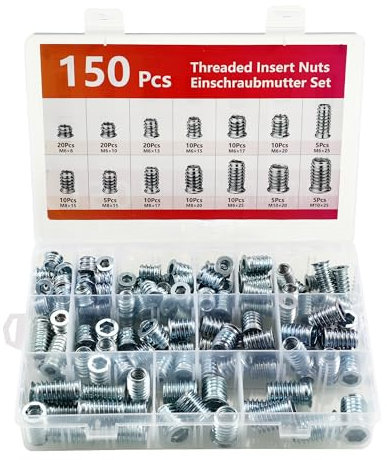 Insertos roscados, juego de 150 insertos de madera roscados, caja de pp, con etiqueta. Tuercas atornillables de acero galvanizado M6 M8 M10, tuercas hexagonales para muebles de madera