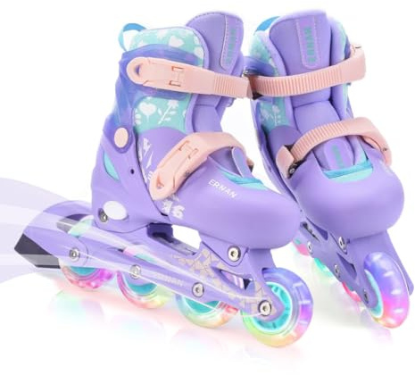 ERNAN Pattini in linea regolabili con luce per bambini, per ragazzi e ragazze, pattini a rotelle per bambini e ragazzi, principianti (viola, S)