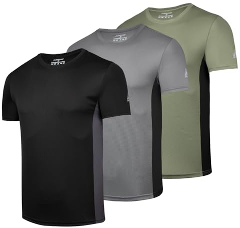 AMZSPORT Magliette Sportive da Uomo, Confezione da 3/5 Magliette a Maniche Corte Traspiranti e ad Asciugatura Rapida per Corsa, Allenamento, Fitness, Nero-Grigio-Verde M