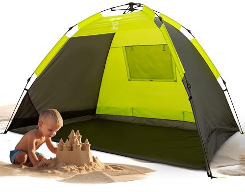 EXPLORER XXL Automatik Strandmuschel mit UV Schutz 80+ [220x150x130cm] kleines Packmaß leicht und schnell in Sekunden aufgebautes Strandzelt Sonnenschutz Muschel automatisch Windschutz grün