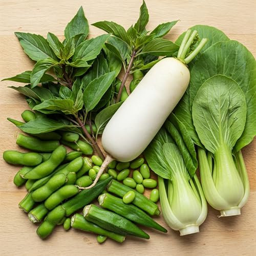 KIT SEMENTI GIAPPONESI | 5 Bustine di SEMI | Basilico Thai (basilico liquirizia) | Daikon (ravanello giapponese) | Edamame (fagiolo di soia) | Okra (clemson spineless) | Pak-Choi (cavolo cinese)