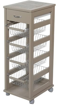 MA MAISON Carrello Salvaspazio da Cucina in Faggio - Portafrutta, Piano D'appoggio, Cassetto Estraibile, Ruote, Spostamento, Cesti in Metallo Estraibili, Cucina - 83hX36x29 cm (FANGO)