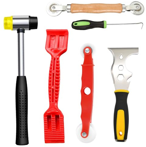 Lot de 6 outils de vitrage de fenêtre, outils de vitrage 16 en 1, grattoir en acier, ruban, marteau, rouleau de fenêtre, bande en caoutchouc, pelle, outil de retrait de cannelures, crochet pour