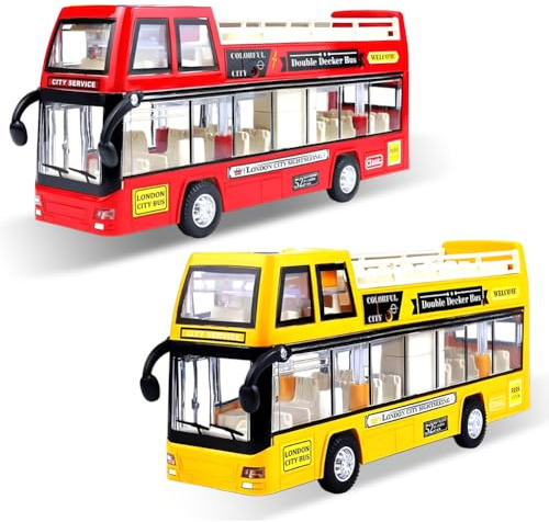 HTGWCG Bus giocattolo doppio piano, Pull-back autobus, Lega Diecast Pull Back Autobus giocattolo veicoli, modello di auto città autobus regali per bambini, Giallo o rosso (1Pcs)