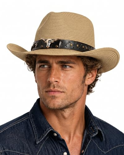 Zylioo XXL XL L Sombrero de vaquero de paja con correa de barbilla fija, M S UPF50+ sombrero de sol occidental, sombrero de vaquera de verano para playa senderismo