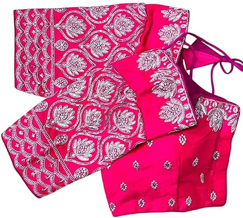 Pujia Mills Jari garn broderi tunga silver paljetter rund hals öppen Sari broderi blus design rosa 38