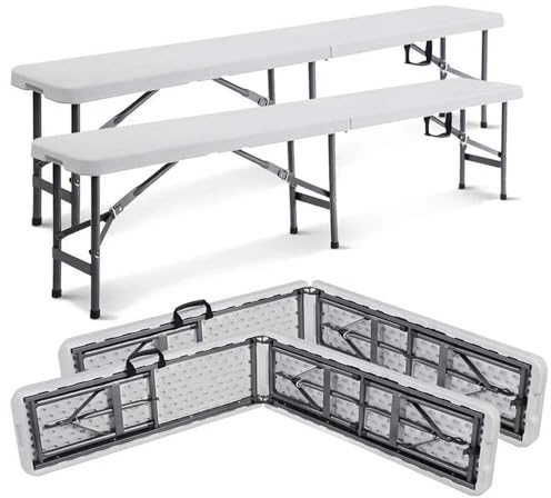 YOEVU Pack de 2 Bancos Plegables Portátiles, Multifuncional, Plástico HDPE, 183x28x43cm, Capacidad 300kg, Moderno, Banco Jardín Exterior para Camping y Patio, Blanco