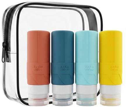 MIMISOLA 4 Pièces Bouteilles de Voyage en Silicone, Bouteilles de Voyage Rechargeables 100ML, Emballages de Voyage Portables et Étanches pour Shampooing, Lotion, Crème, Conditionneur et Gel de Douche