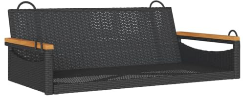 Yisssmeng Banc suspendu noir 109 x 62 x 40 cm - Banc à bascule en rotin synthétique et bois d'acacia - Banc de jardin pour extérieur avec anneaux de fixation - Fauteuil suspendu sans cadre