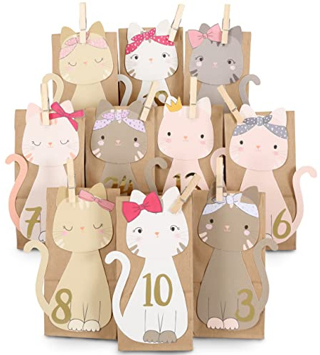 Papierdrachen Adventskalender 2025 zum Befüllen - Katzen - braune Papiertüten mit Stanzteilen - inkl. goldenen Zahlenaufklebern & Klammern - Weihnachten