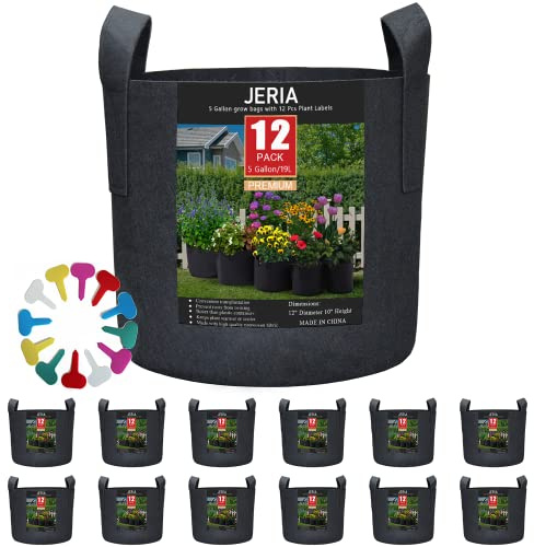 JERIA 12-Pack 5 Gallon Grow Bags, 300G Thickened Nonwoven Garden Pots,Heavy Duty Fabric Pots with Reinforced Handles