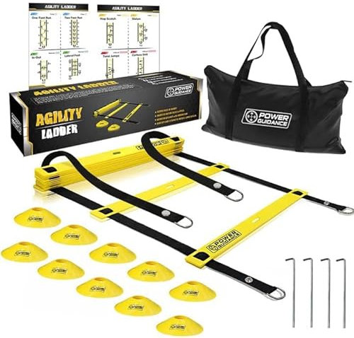 POWER GUIDANCE Koordinationsleiter Fussball trainingszubehör 6m für Fußball Training mit 10 Fussball Hütchen Tragetasche & Übungstabelle Fußball trainingsset Agility Speed Leiter