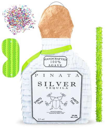 Jergrim White Tequila Bottle Piñata 4-piece set, 16x11x3 inches, Perfect for Party Decorations, Photo Prop, Cinco de Mayp, Birthday, Funny Anniversary, 21 birthday - Fits candy/favors