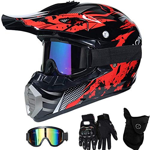 AMITD Motorradhelm Motocross Helm Kinder Rot Schwarz, Full Face Off-Road Motorrad Cross Helme mit Visier Brille Maske Handschuhe, Motorbike ATV MTB Freien Sport Motorcycle Helmet Set , Red , S