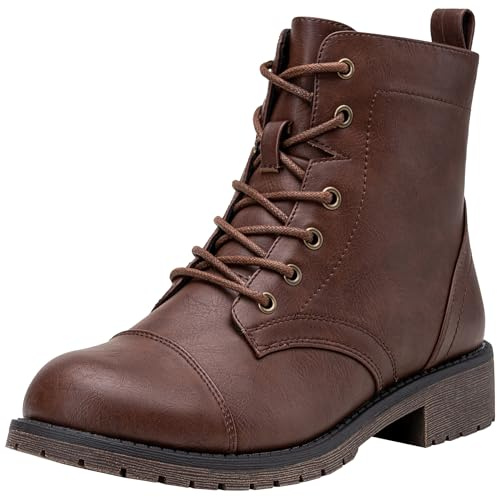 Vepose Women's Ankle Boots Lace up, Flat Fashion Combat Booties Low Heel, 910 - Cognac, Red Brown, Size 8 US (CJY910 Cognac 08)