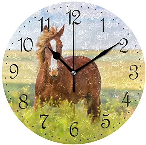 Mnsruu Orologio da parete con cavallo e campo di fiori, silenzioso, senza ticchettio, orologio da parete decorativo a batteria, 25 x 25 cm, per casa, soggiorno, cucina, bagno, camera da letto