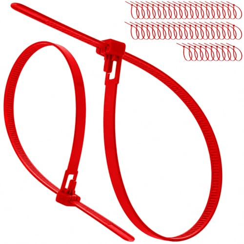 På 1 hylla utlösbara kabelband 7,2 mm x 300 mm röda, 50-pack kraftiga återanvändbara buntband, justerbara avtagbara nylon PA66 slipsband för kabelidentifiering och kabelhantering