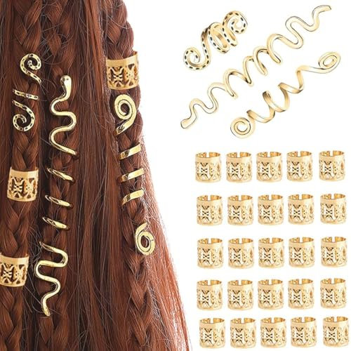 28 Stück Dreadlocks Schmuck,Verstellbar Metall Cuffs, Haarspiralen Clips,Dreadlocks Perlen Flechtet Haar Schmuck,Für Männer Und Frauen Geeignet(Gold)