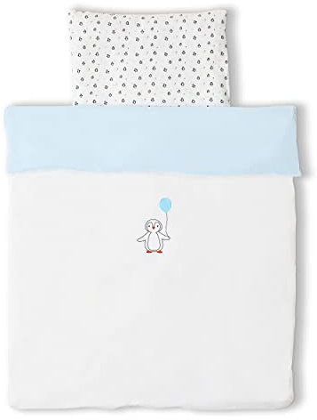 Koru Kids® Kinderbettwäsche 100x135 aus Jersey (100% Baumwolle) mit gesticktem Pinguin-Motiv – Kinder- & Baby-Bettwäsche Set für Mädchen Jungen mit Kopfkissen- und Bettdeckenbezug 100 x 135 und 40x60