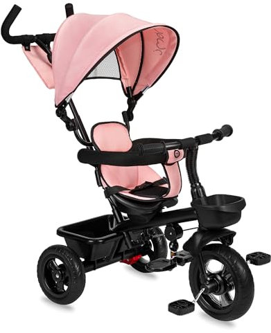 MoMi TELDE 5-in-1 Kinderdreirad, Tricycle mit 360°-Sitz mit 3-Punkt-Sicherheitsgurt, Fußstütze, Sonnendach, PU-Räder, Schiebegriff, Transportablage für Spielzeug