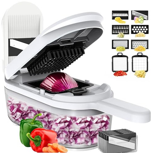 BASSWOOD Vegetable Chopper 10-in-1, 8 Blade Vegetable Chopper,Cheese Grater, Vegetable Slicer, Onion Chopper with Container,French Fry Cutter, Potato Slicer, Home Essentials & Kitchen Gadgets