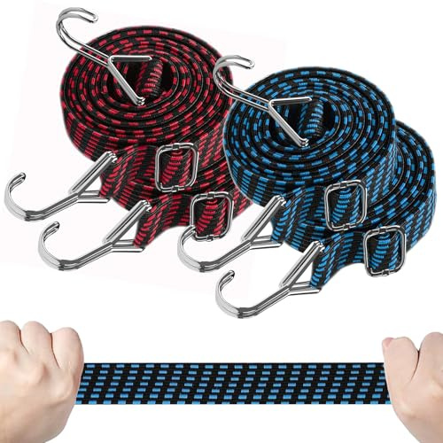4 Pcs Bungee Cords with Hooks, 3cm/1.2 x 1m Adjustable Bungee Straps with Hooks, Bungee Cord, Heavy Duty Elastic Straps Ropes for Car Truck Bicycle Rack Roof Rack Luggage Tarp Camping Tent Fixings