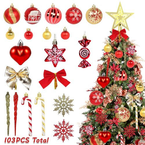 CaiTang Set di 103 Palline di Natale, Accessori Decorativi per L'Albero di Natale, Addobbi Natalizie in Rosso e Oro, Diverse Forme di Palline ed Un Puntale per Albero di Natale