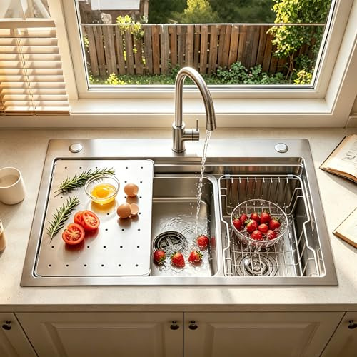 Fregadero Multifunción De Acero Inoxidable 304 Hecho A Mano, Fregadero De Cocina Grande De Un Solo Tazón, Instalación Empotrada O Sobre Encimera Con Lavabo Extraíble(60x50x21.5cm)