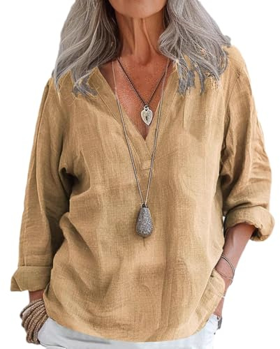 Onsoyours Chemisier élégant à col en V pour Femme Henley Chemisier Ample à Manches Enroulables Manches Longues Lâches Hauts Tuniques de Base T-Shirt Blouses A Kaki XS