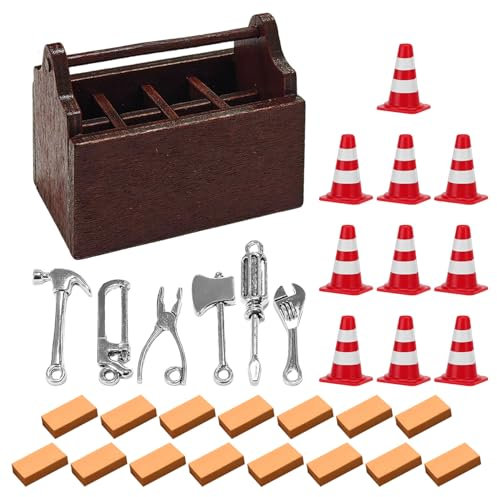 6 Piezas De Herramientas De Metal, 1 Pieza De Caja De Madera, 15 Piezas De Ladrillos Y 10 Piezas De Conos De Tráfico, Accesorios Para Casas De Muñecas, Mini Modelos, Micropaisajes De Bricolaje