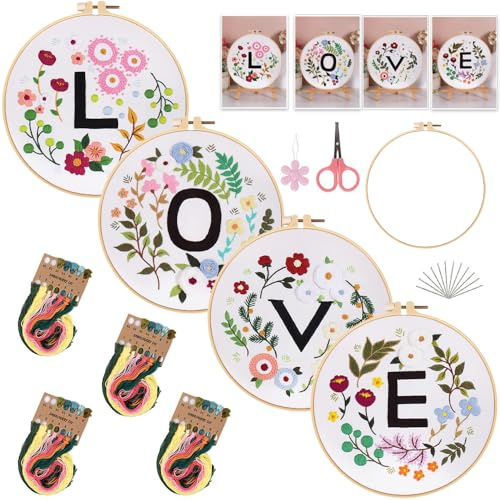 Wnddle 4 Pack Embroidery Kit for Beginners with Love Stamped Embroidery Patterns, Beginner Embroidery Kits for Adults DIY Starter Kit, with Hoop, Color Threads, Tools, Easy Instructions (Love