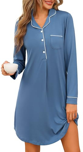Jahetuul Chemise de Nuit en Coton Manches Longues Col en V avec Poche Vêtements de Nuit Femme avec Boutons Ouvert Devant Nuit Confortable et Élégant
