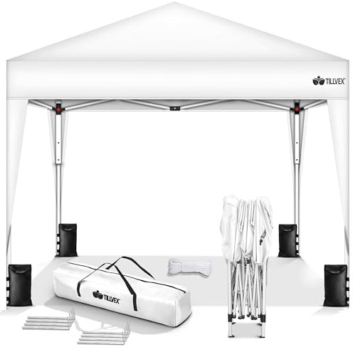 tillvex Gazebo Plegable Cenador 3x3m Impermeable | Pabellon de Jardin Pop-up Regulable en Altura | Carpa de jardín protección UV 50+ | Cenador de Fiesta con Bolsa (Blanco)