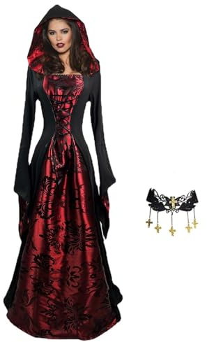 Vestido de vampiro gótico, disfraz de Halloween Vestido medieval del Vestido con capucha Vestido de de Halloween